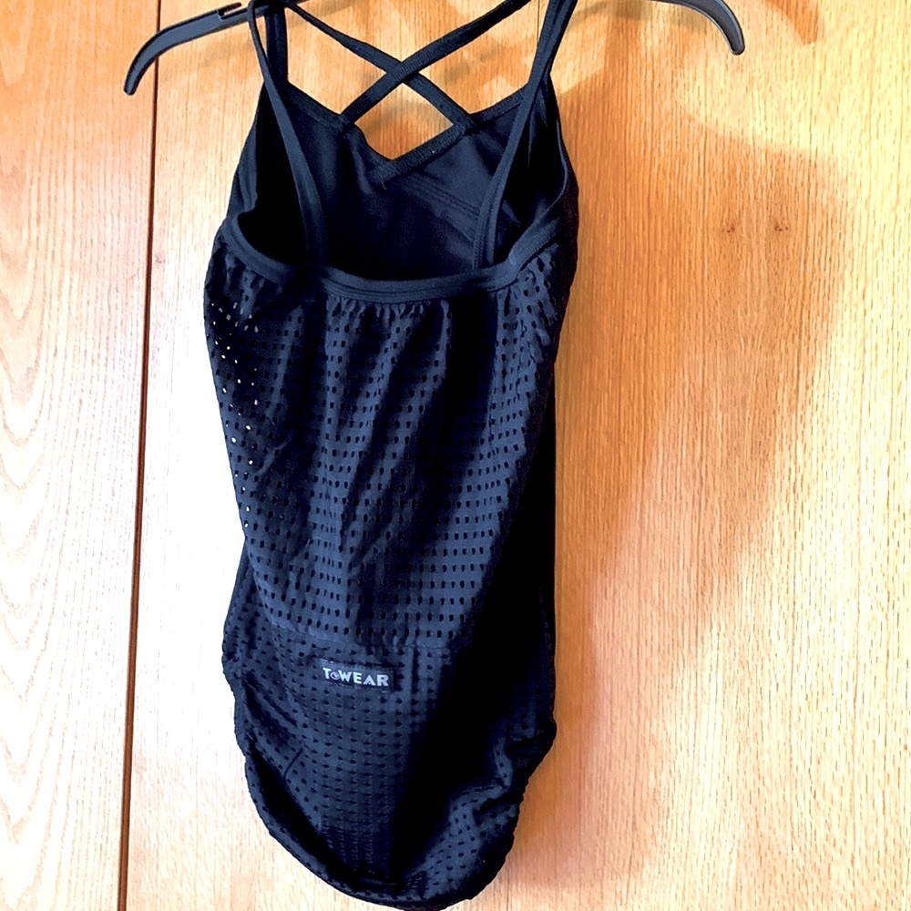 T. Wear SMALL black criss cross perforated black dance leotard studio bodysuit